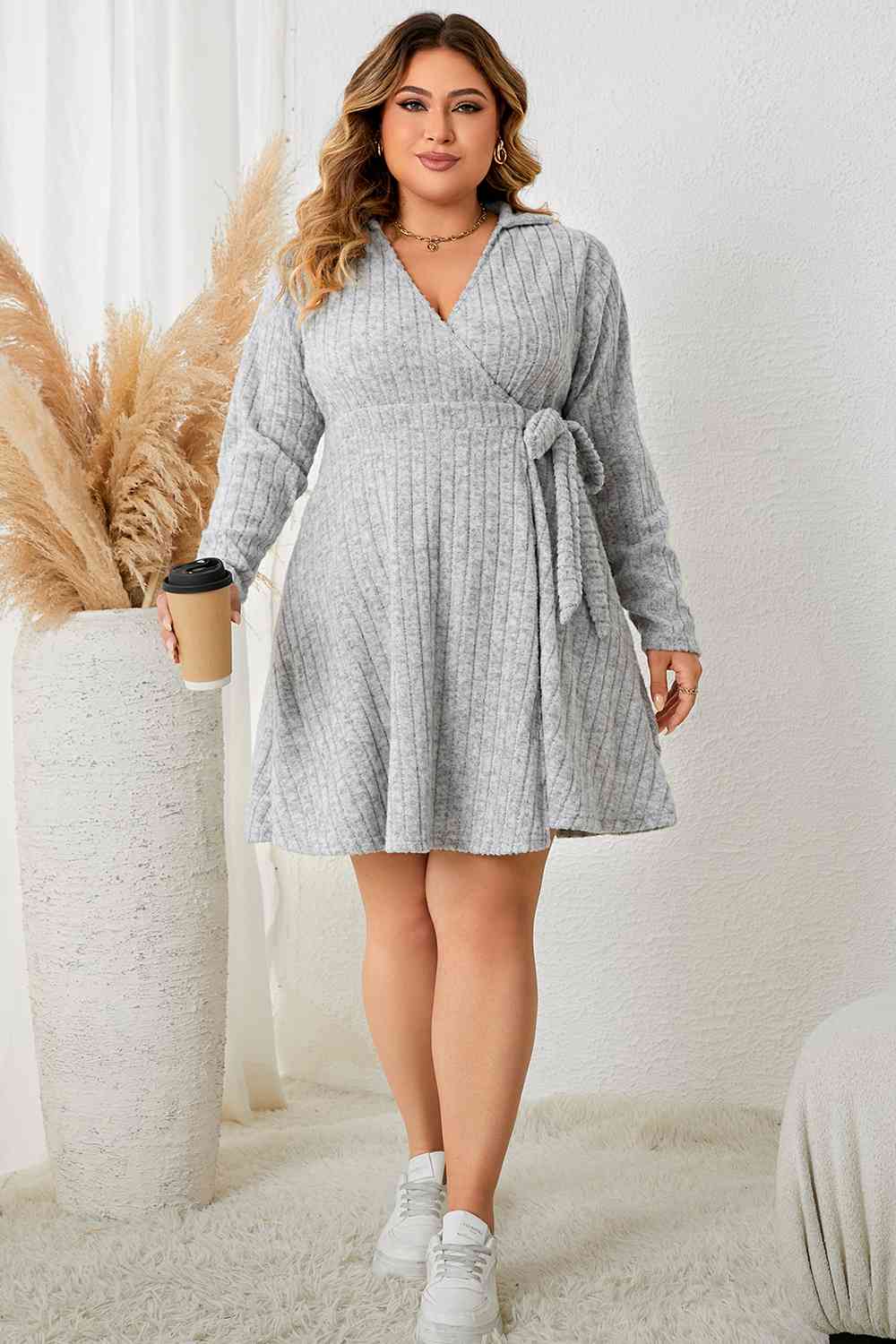 Plus Size Collared Neck Long Sleeve Tied Dress