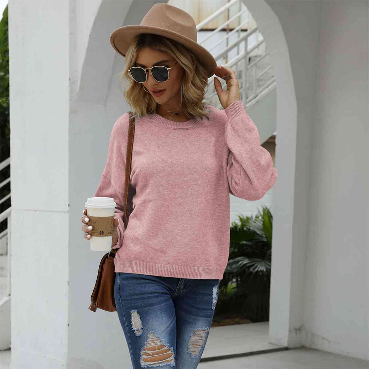 Round Neck Long Sleeve Drop Shoulder Sweater