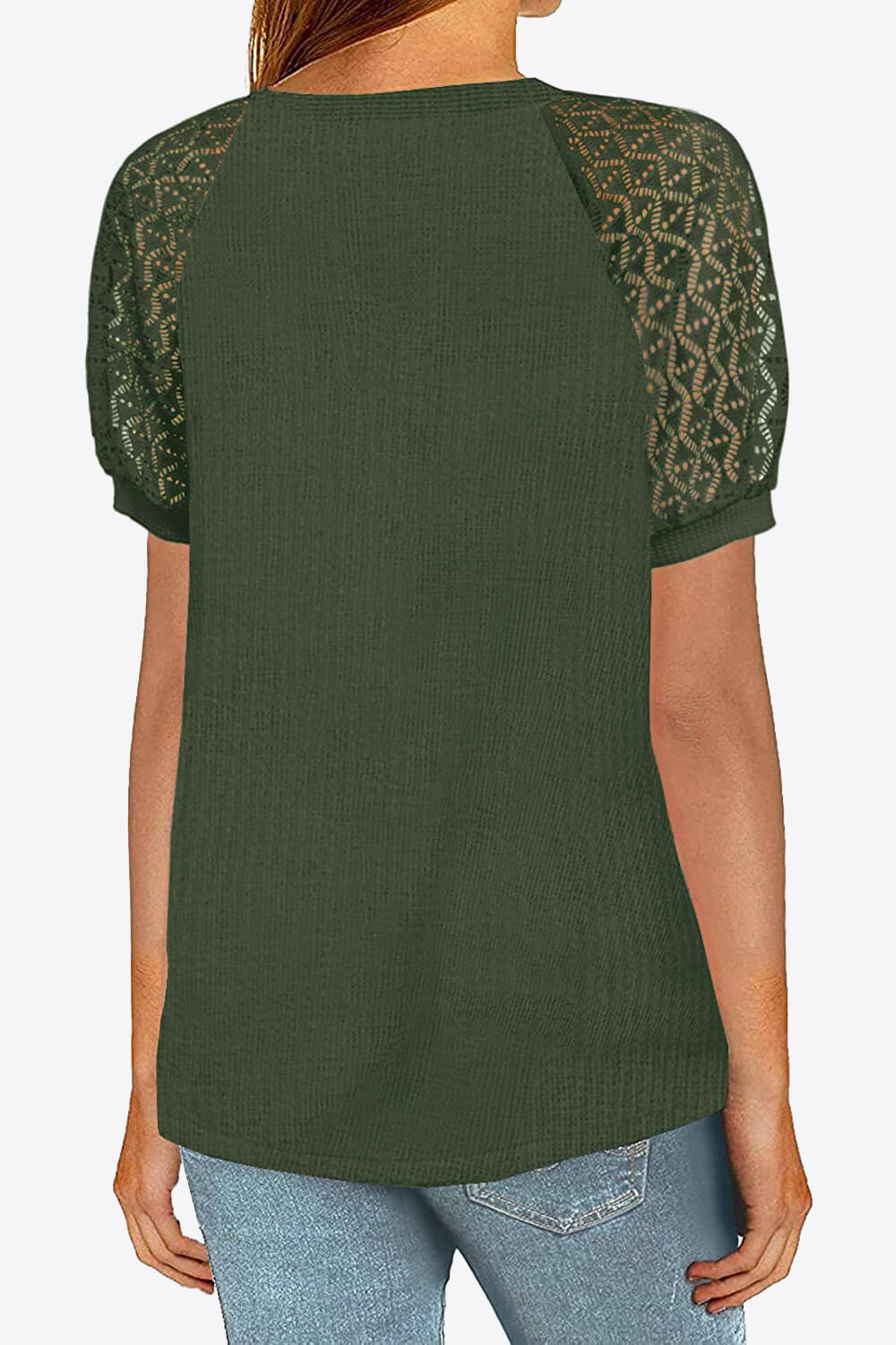 V-Neck Raglan Sleeve Openwork Tee