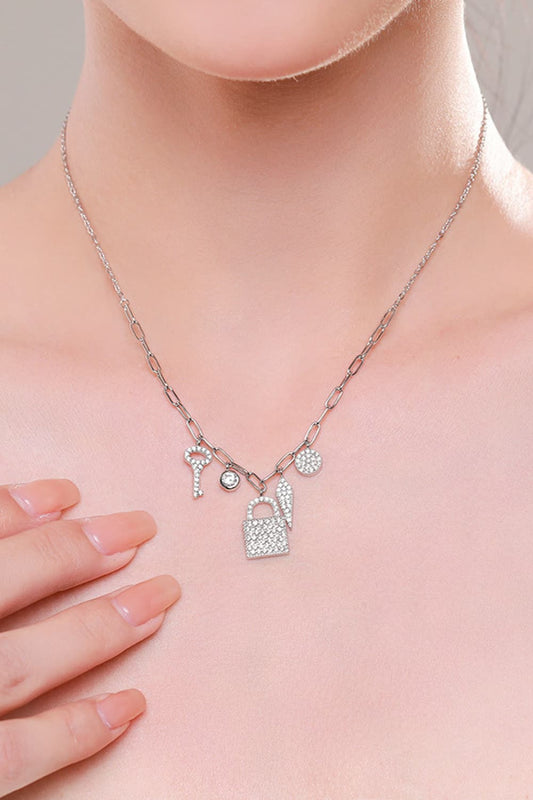 925 Sterling Silver Lock & Key Zircon Pendant Necklace