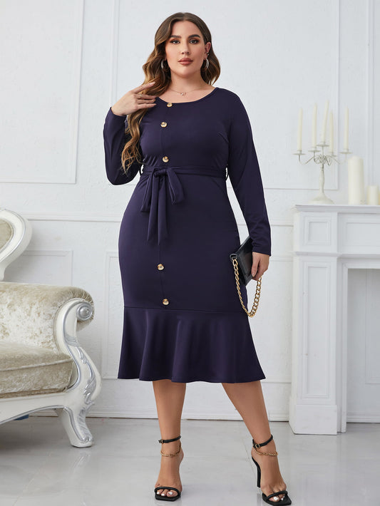 Plus Size Buttoned Round Neck Tie Belt Midi Dress