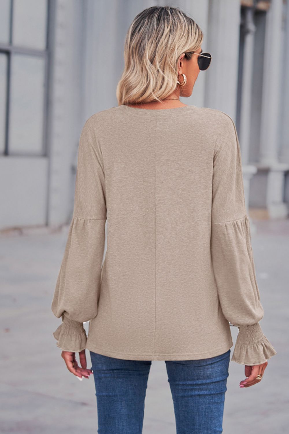 Long Flounce Sleeve Round Neck Top