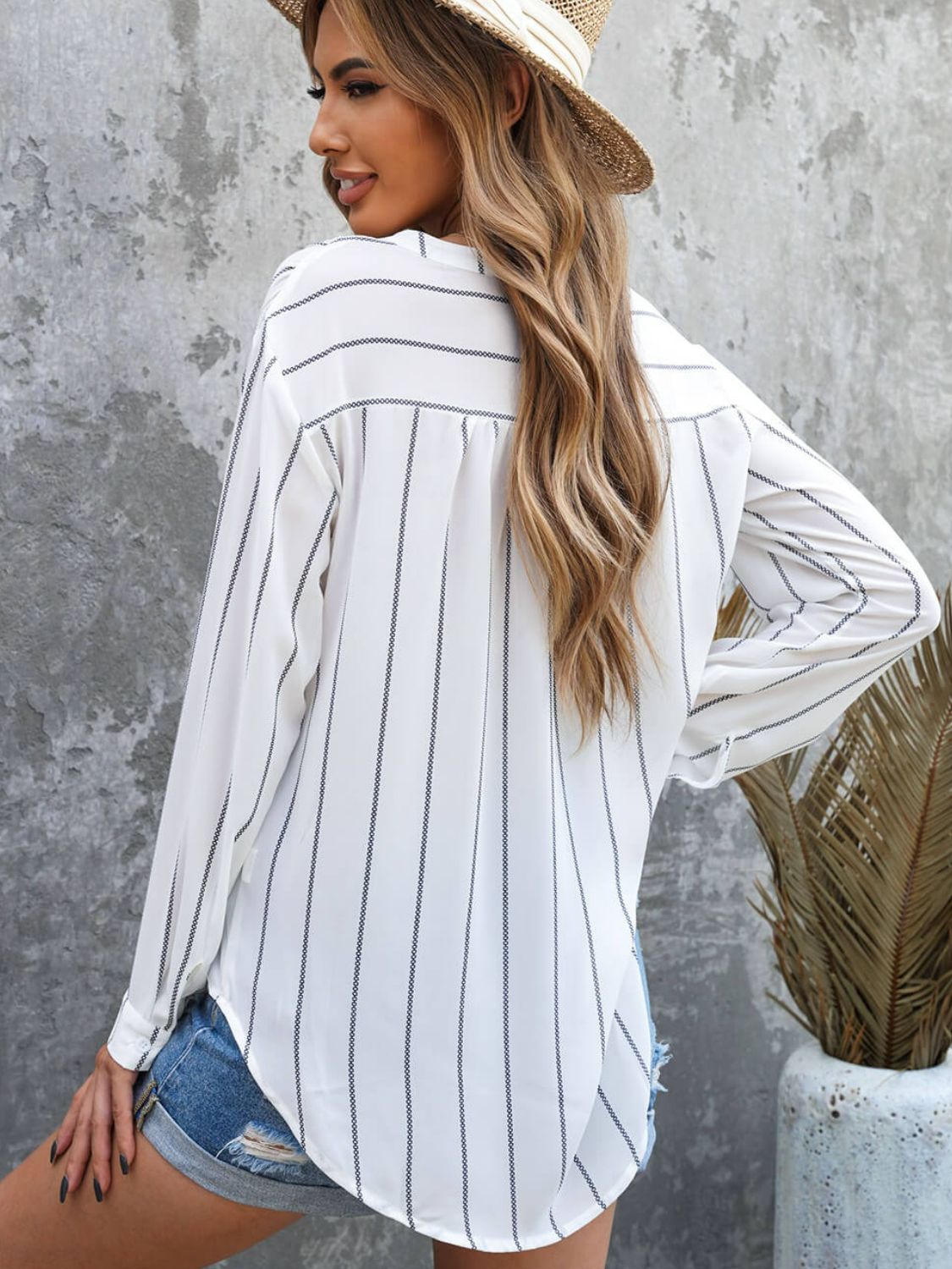 Striped V-Neck High-Low Shirt with Breast Pocket