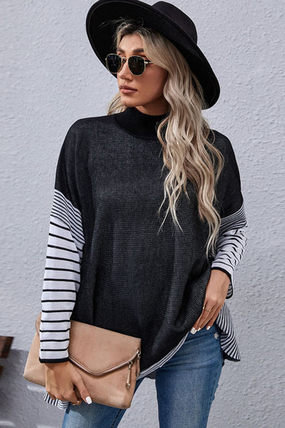 Striped Dolman Sleeve Mock Neck Knit Pullover