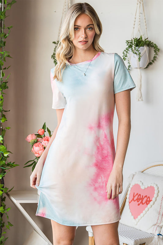 Tie-Dye Round Neck Short Sleeve Slit Dress