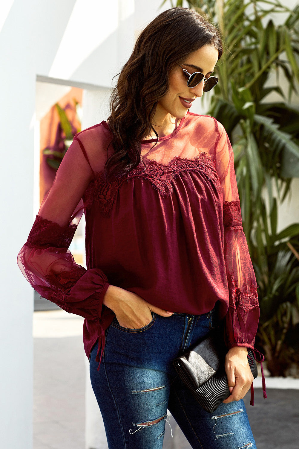 Tied Spliced Mesh Bubble Sleeve Blouse