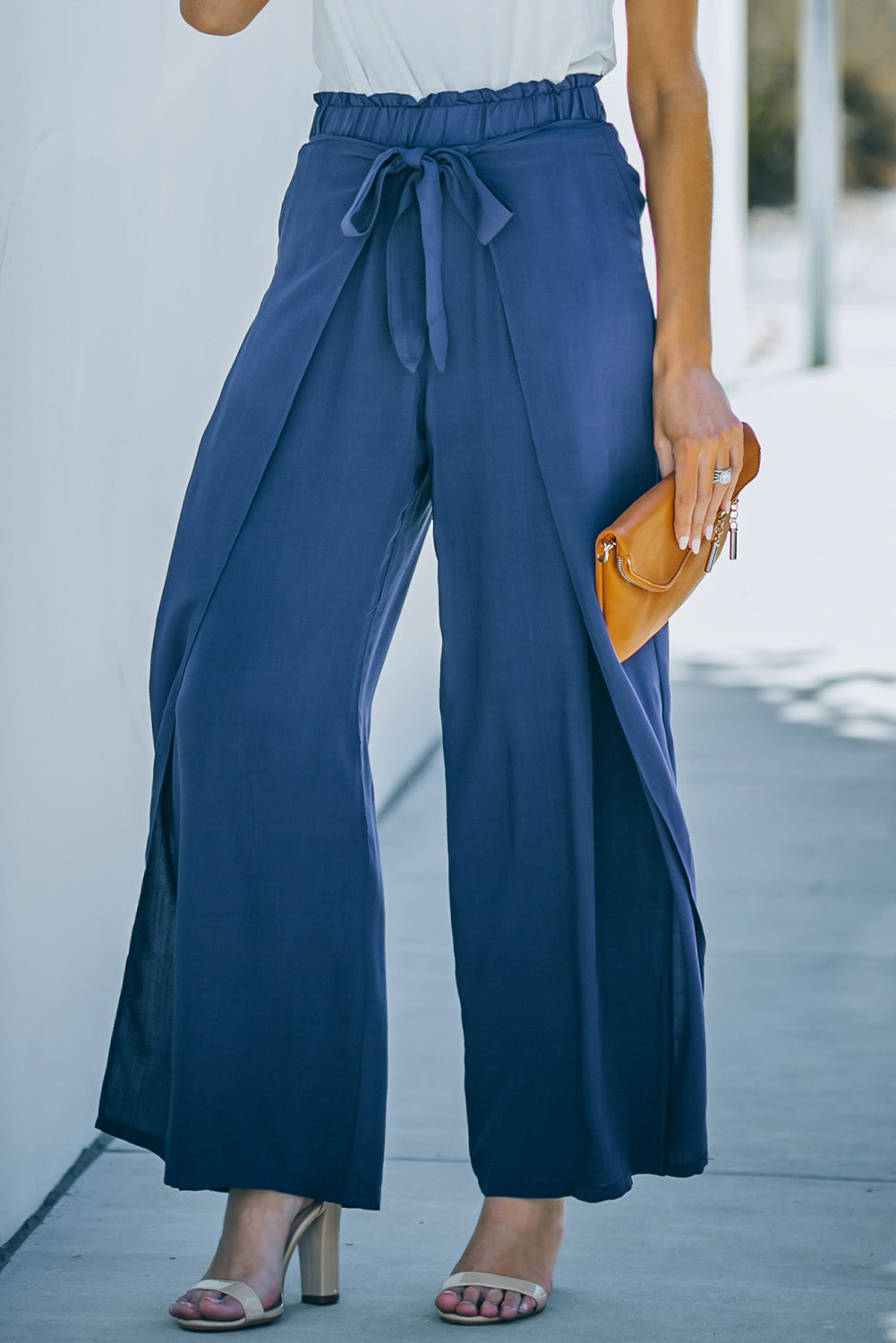 Paperbag Waist Tie Front Wide Leg Pants