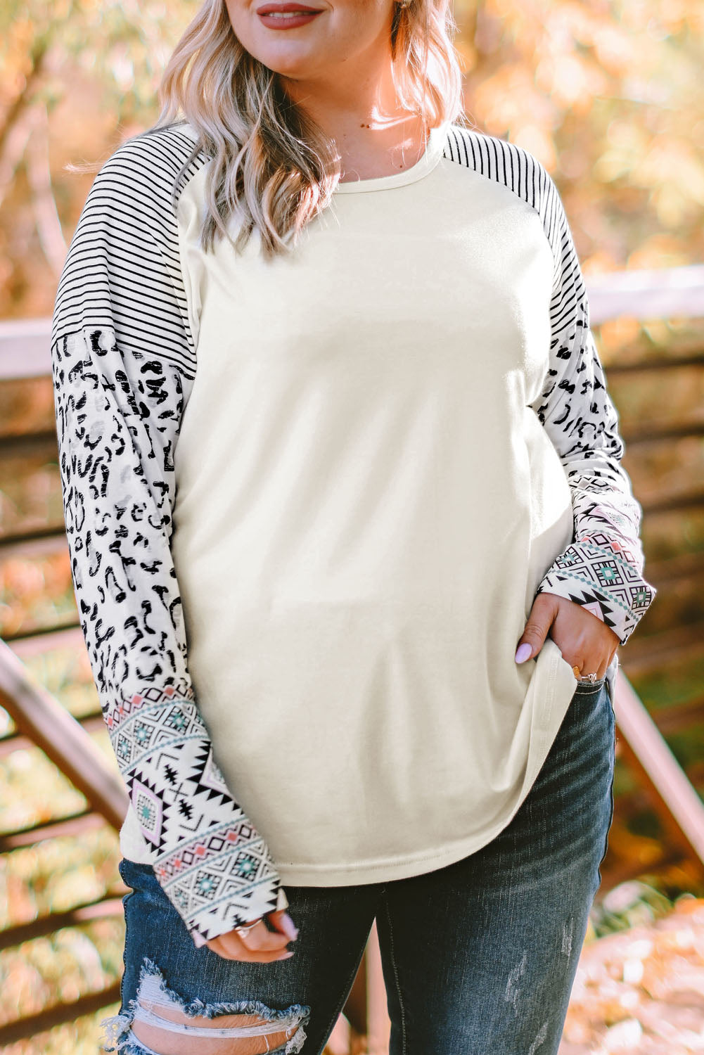 Plus Size Mixed Print Raglan Sleeve Round Neck Top