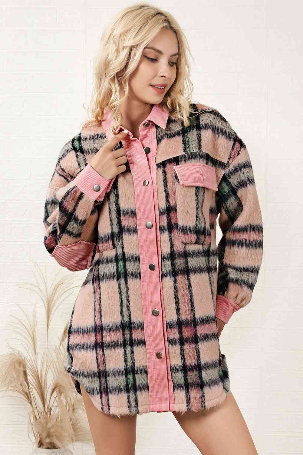 Plaid Button Down Drop Shoulder Jacket