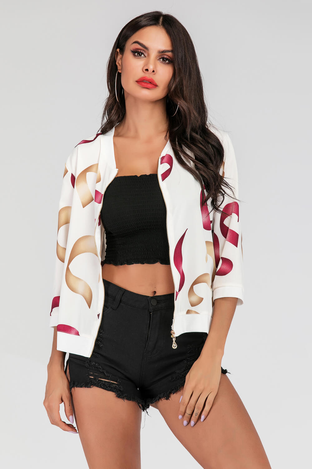 Printed Zip-Up Three-Quarter Sleeve Bomber Jacket