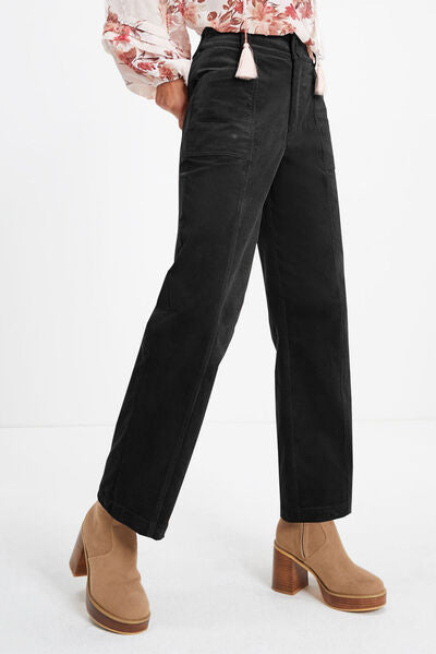 Pocketed Elastic Waist Straight Pants