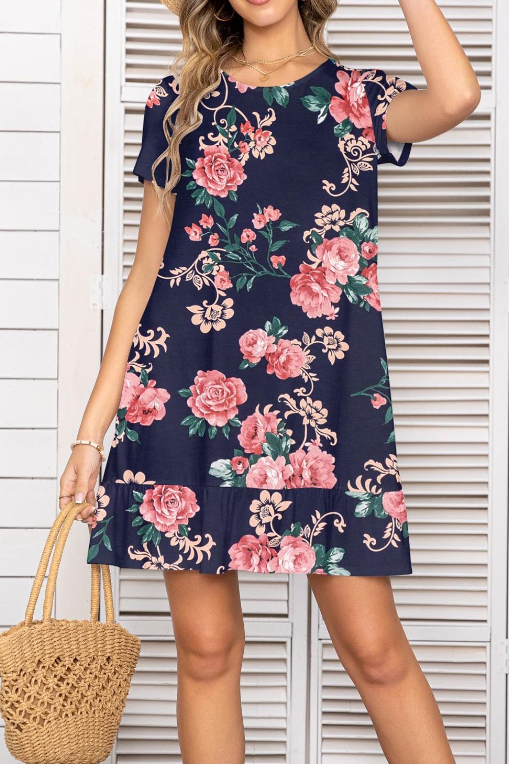 Printed Round Neck Short Sleeve Mini Dress with Pockets