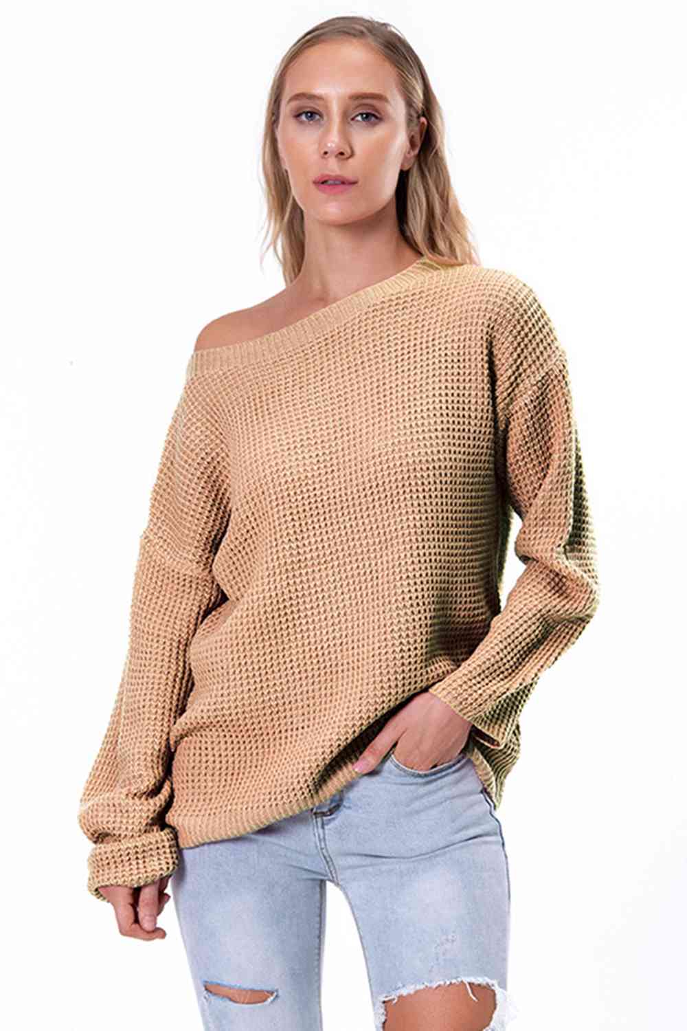 Boat Neck Drop Shoulder Long Sleeve Sweater