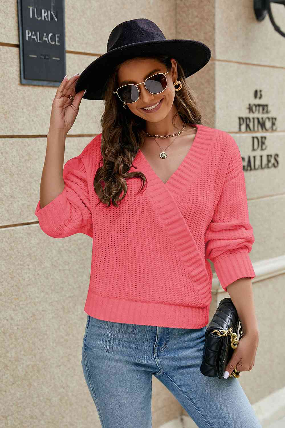 Openwork Surplice Long Sleeve Sweater