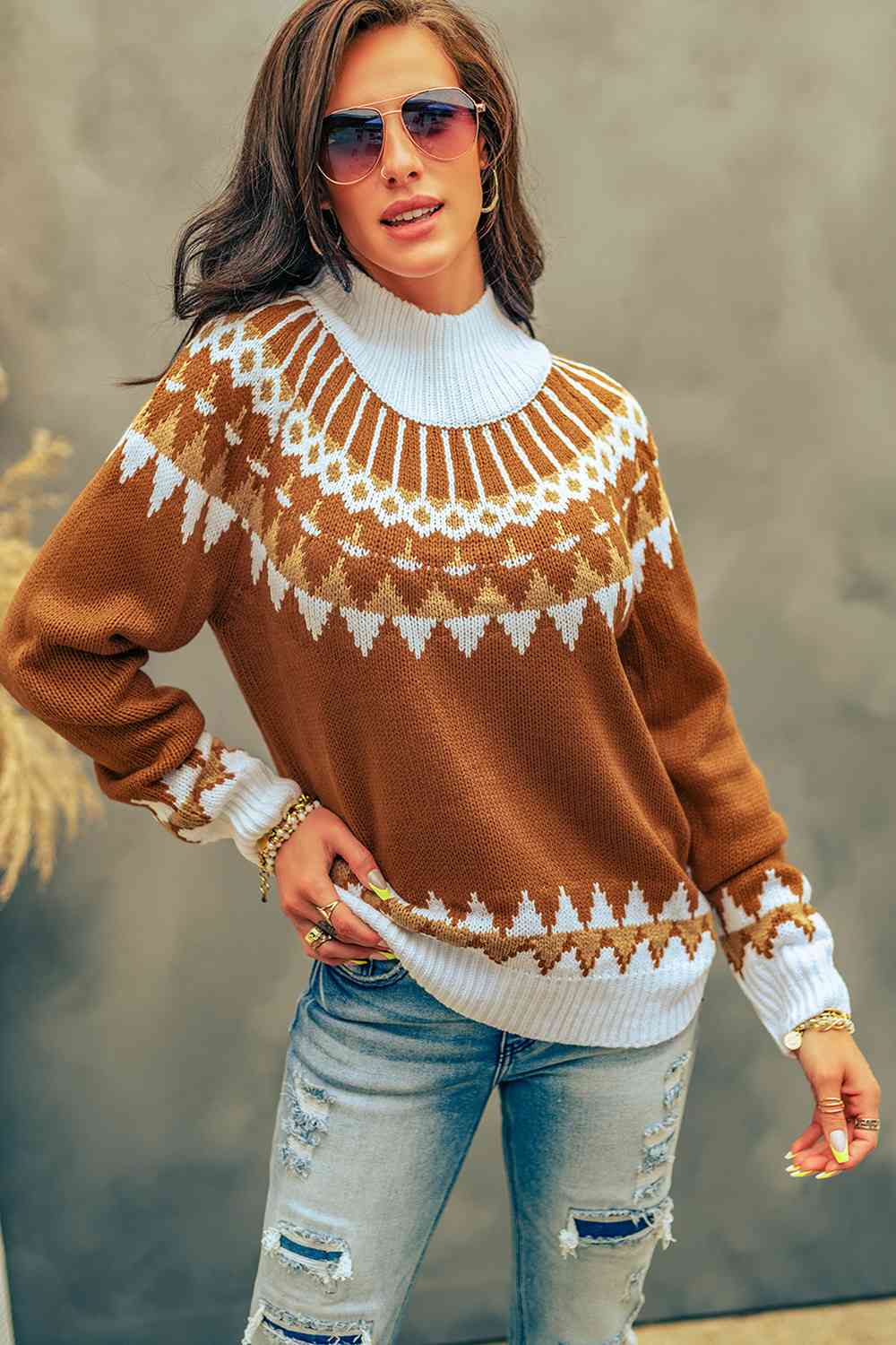 Geometric Mock Neck Long Sleeve Sweater