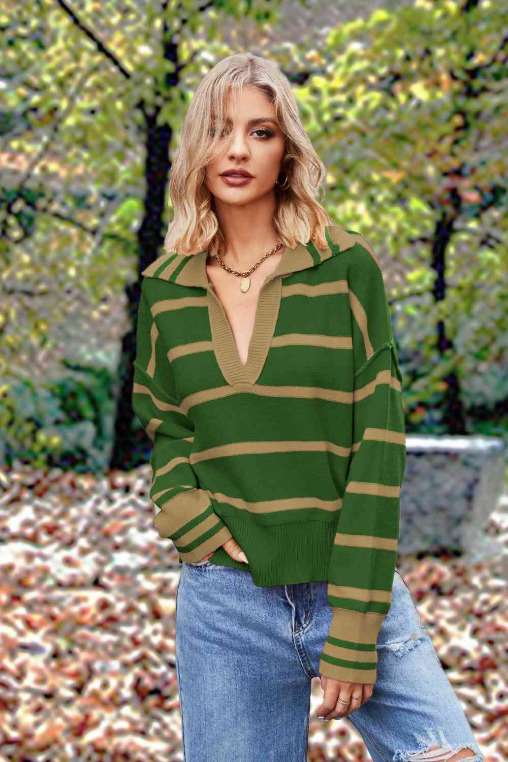 Striped Collared Long Sleeve Sweater