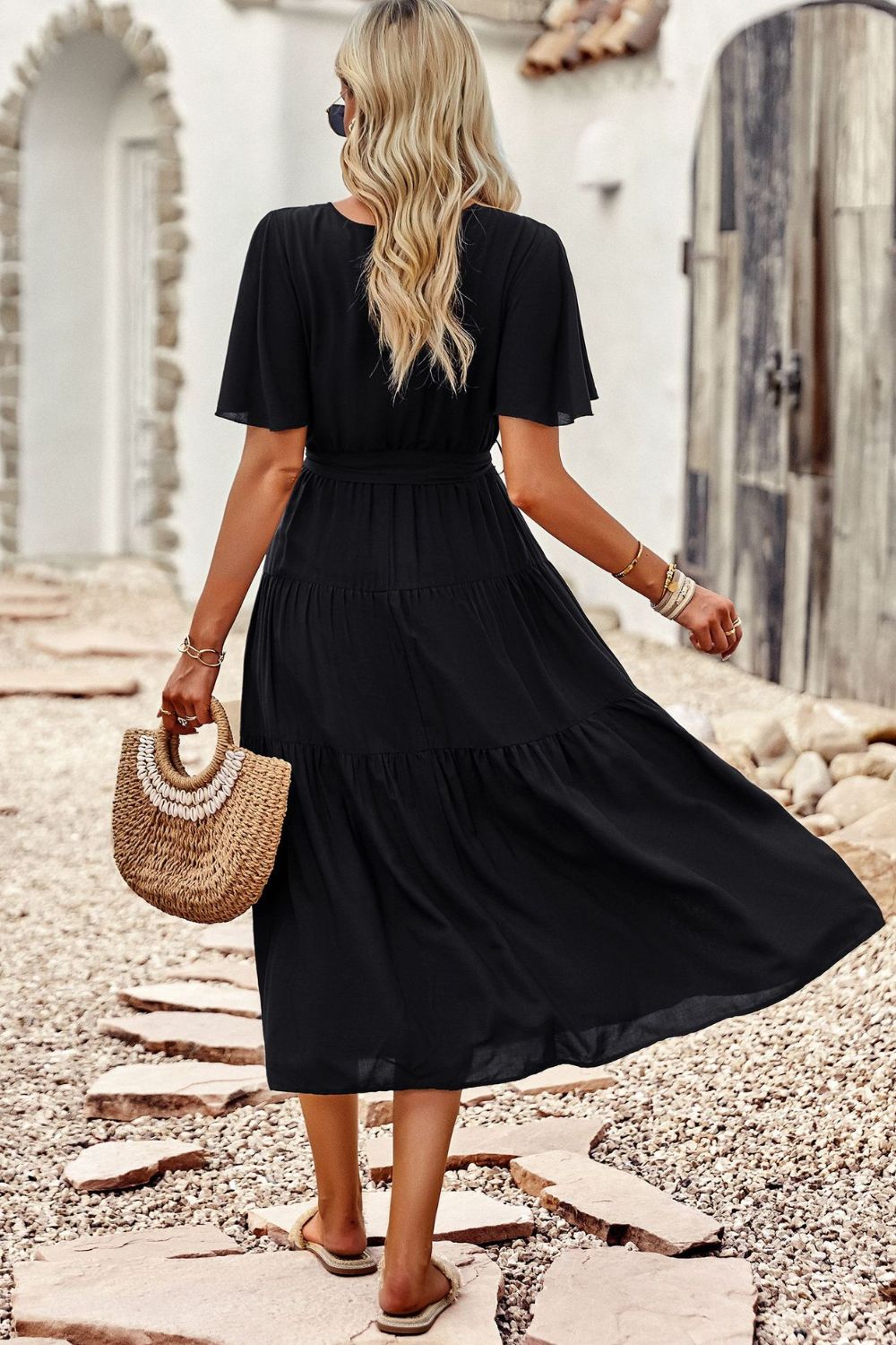 Belted Flutter Sleeve Tiered Surplice Dress