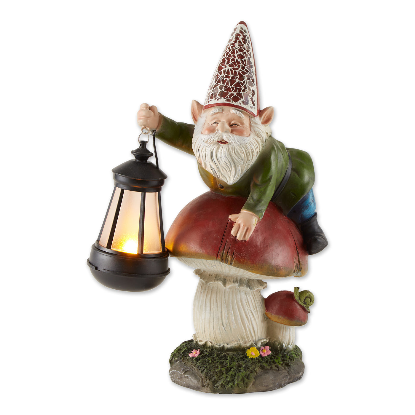 Gnome On Mushroom Solar Statue 