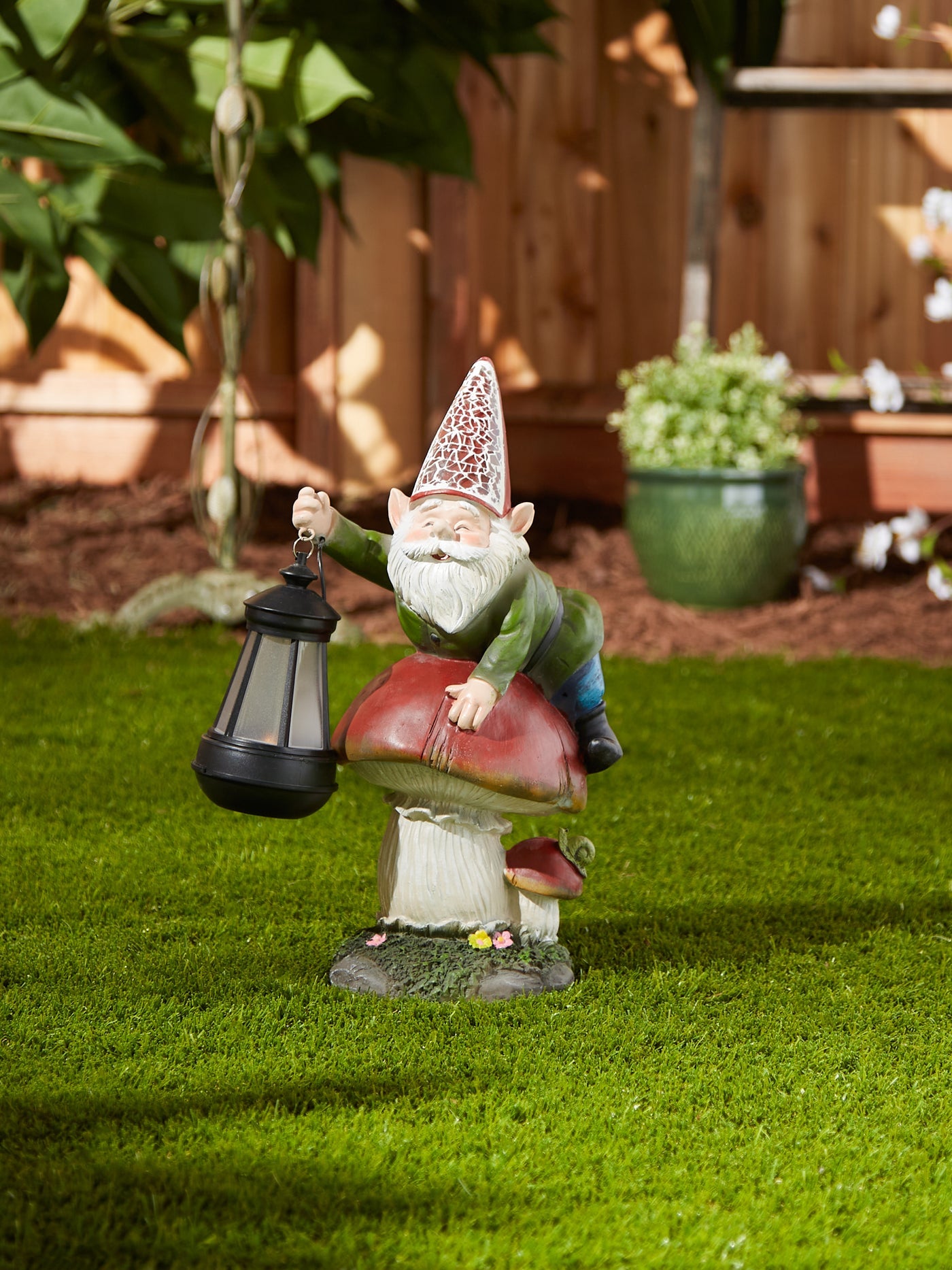 Gnome On Mushroom Solar Statue 