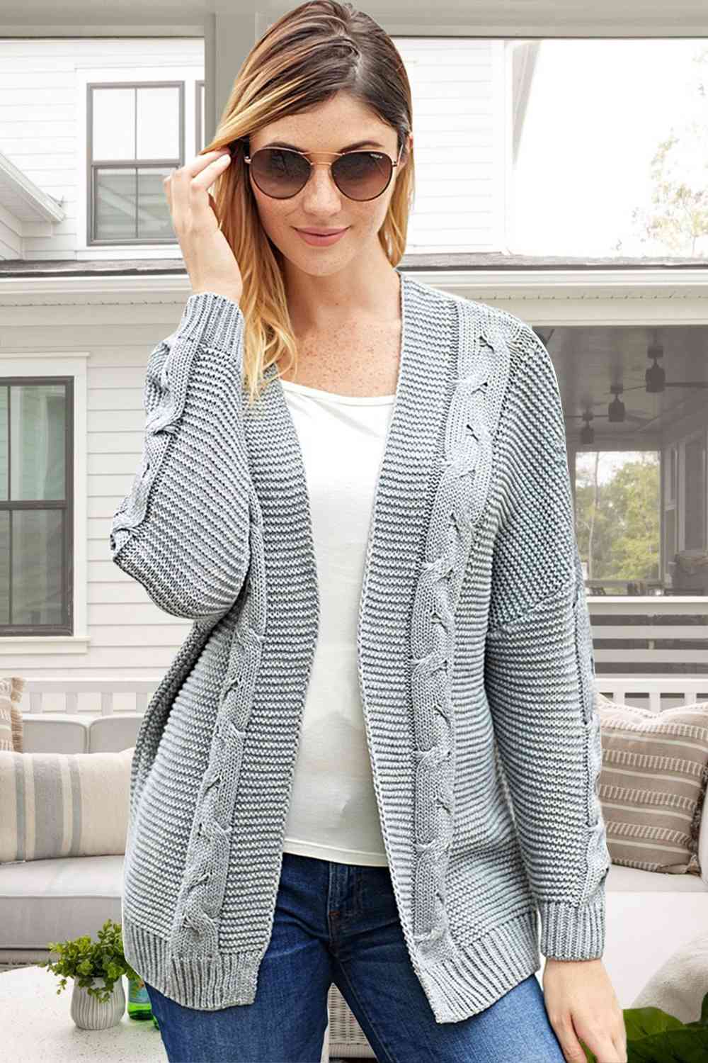 Cable-Knit Open Front Long Sleeve Cardigan