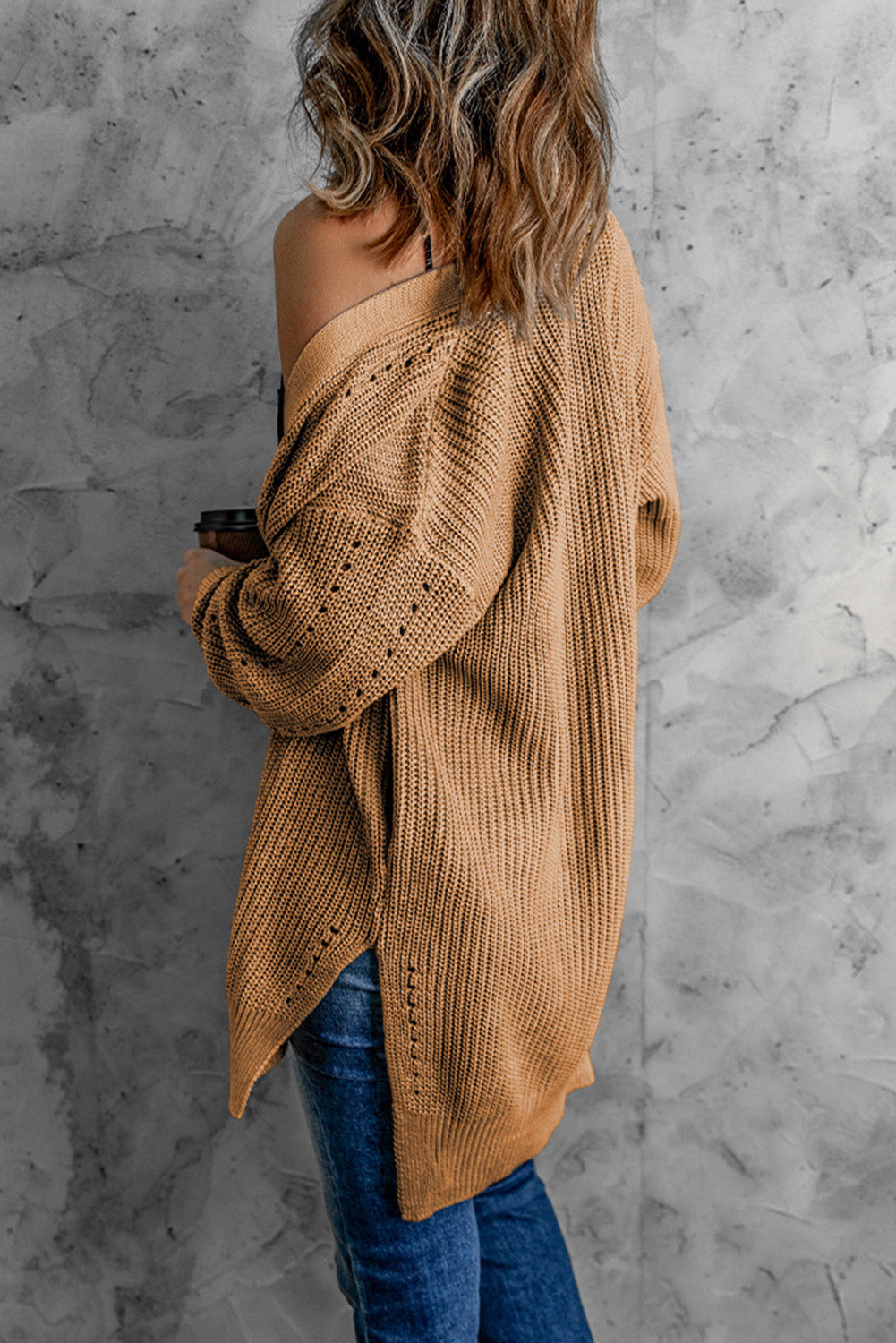 Openwork Rib-Knit Slit Cardigan with Pockets