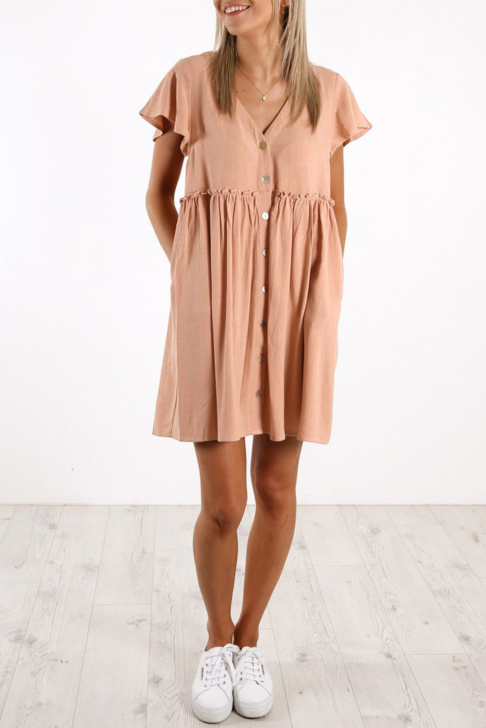 Buttoned Empire Waist Babydoll Dress