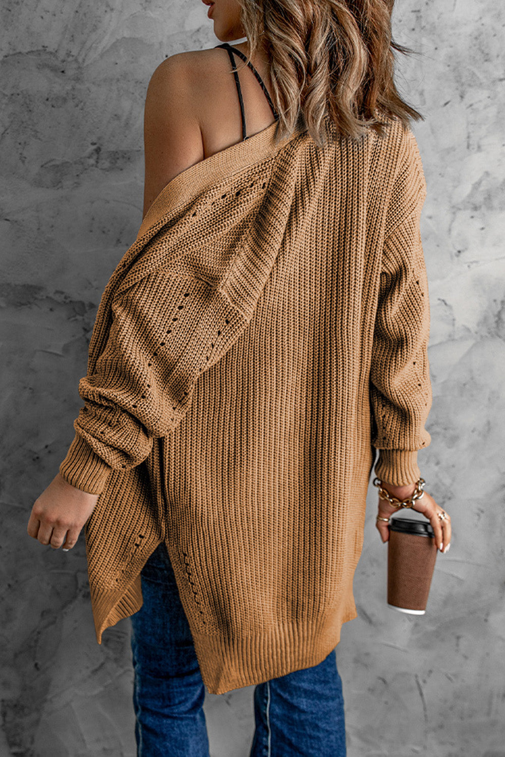 Openwork Rib-Knit Slit Cardigan with Pockets