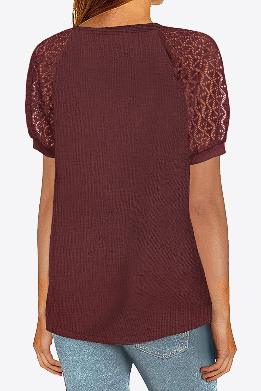 V-Neck Raglan Sleeve Openwork Tee