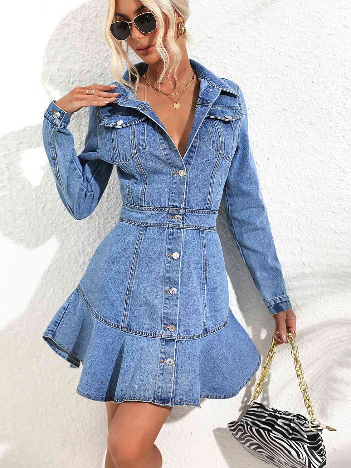 Collared Neck Button Down Denim Dress