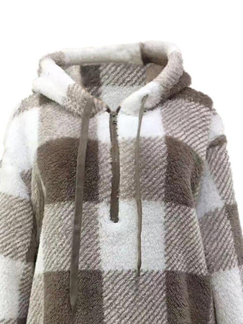 Plaid Half Zip Drawstring Hoodie