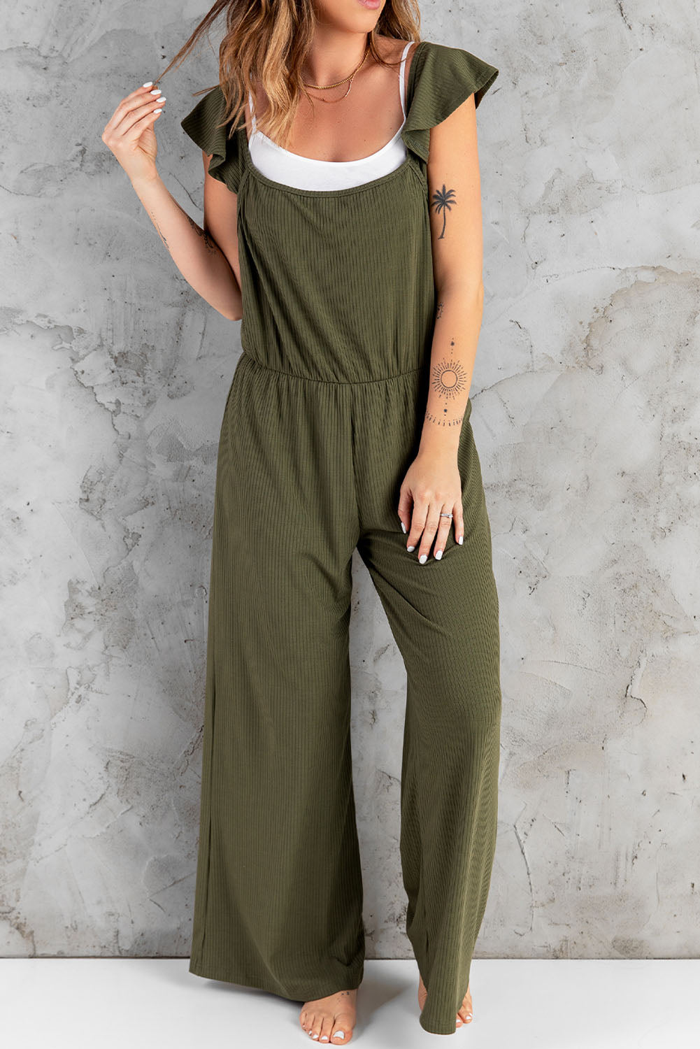 Flutter Sleeve Ribbed Jumpsuit