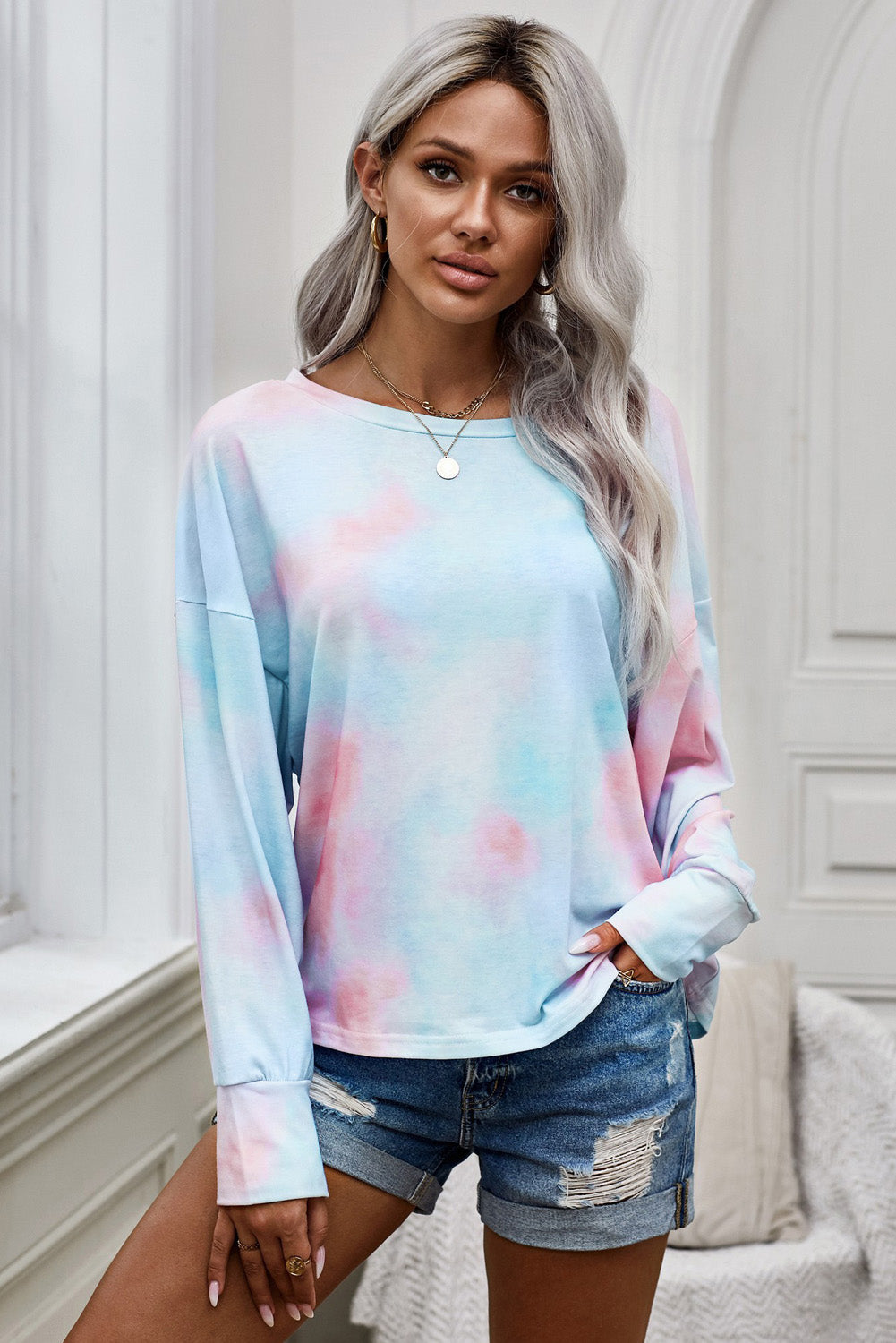 Tie-Dye Boat Neck Batwing Sleeve Tee