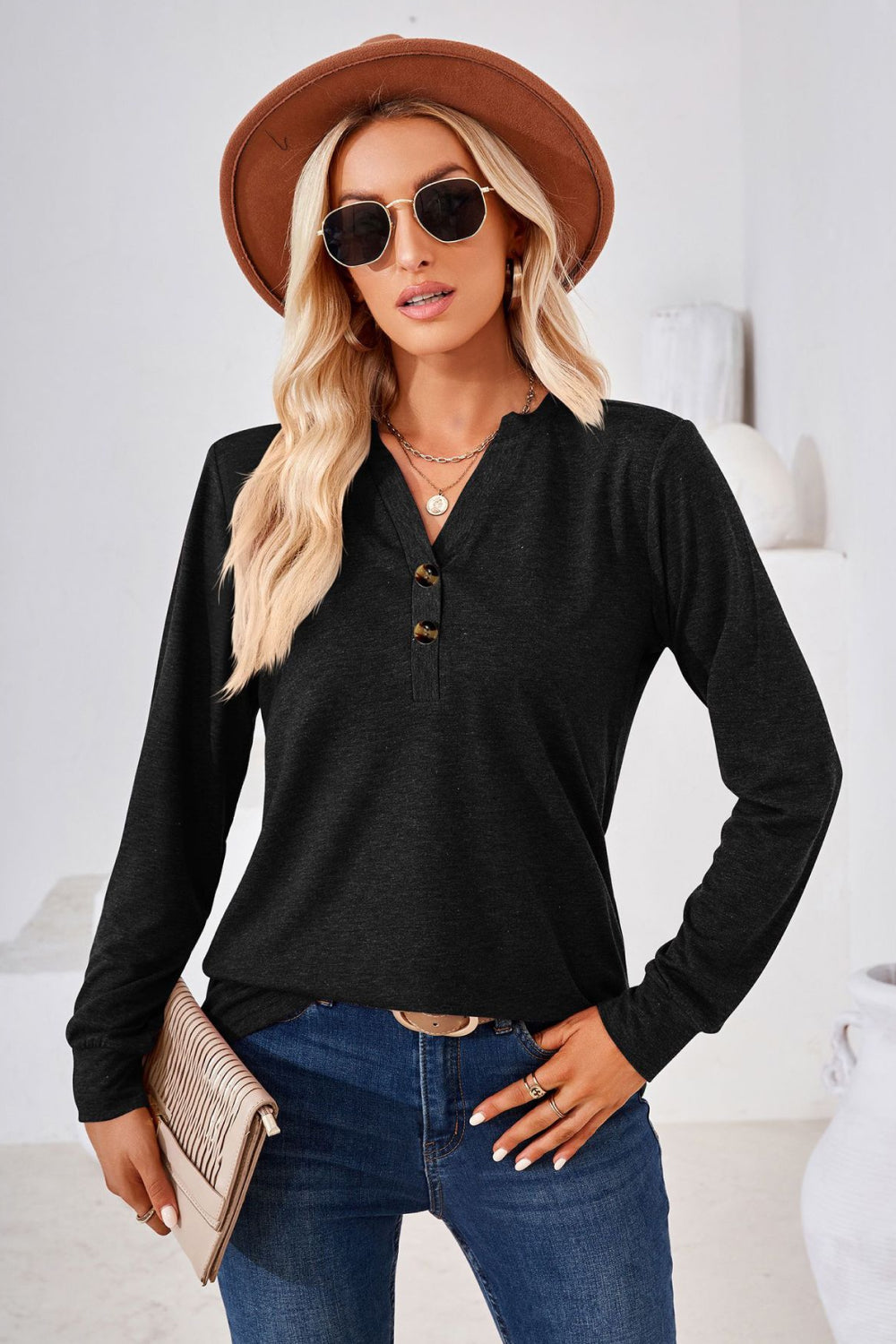 V-Neck Buttoned Long Sleeve Blouse