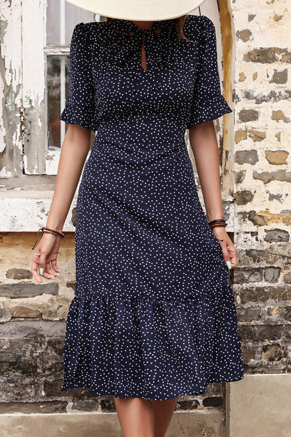 Polka Dot Tie Front Ruffled Midi Dress