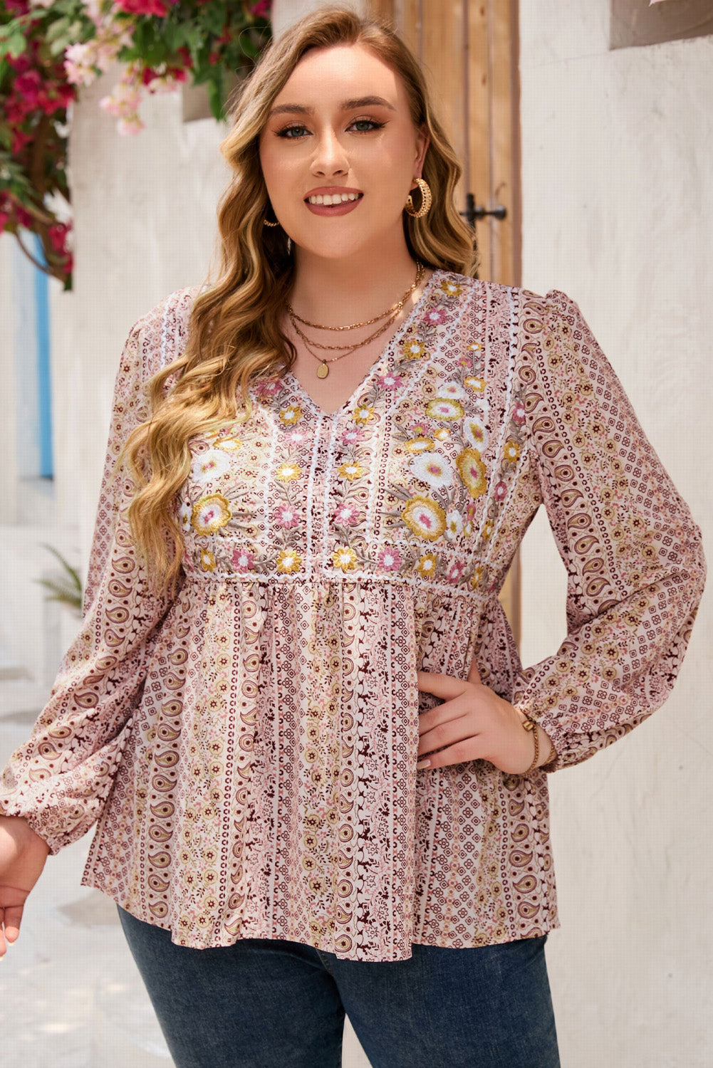 Plus Size V-Neck Prined Long Sleeve Blouse