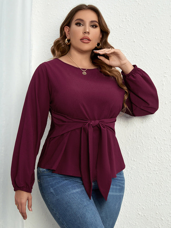 Plus Size Round Neck Tie Waist Long Sleeve Blouse