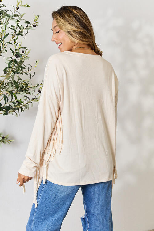 Celeste Full Size Fringe Detail Long Sleeve Blouse