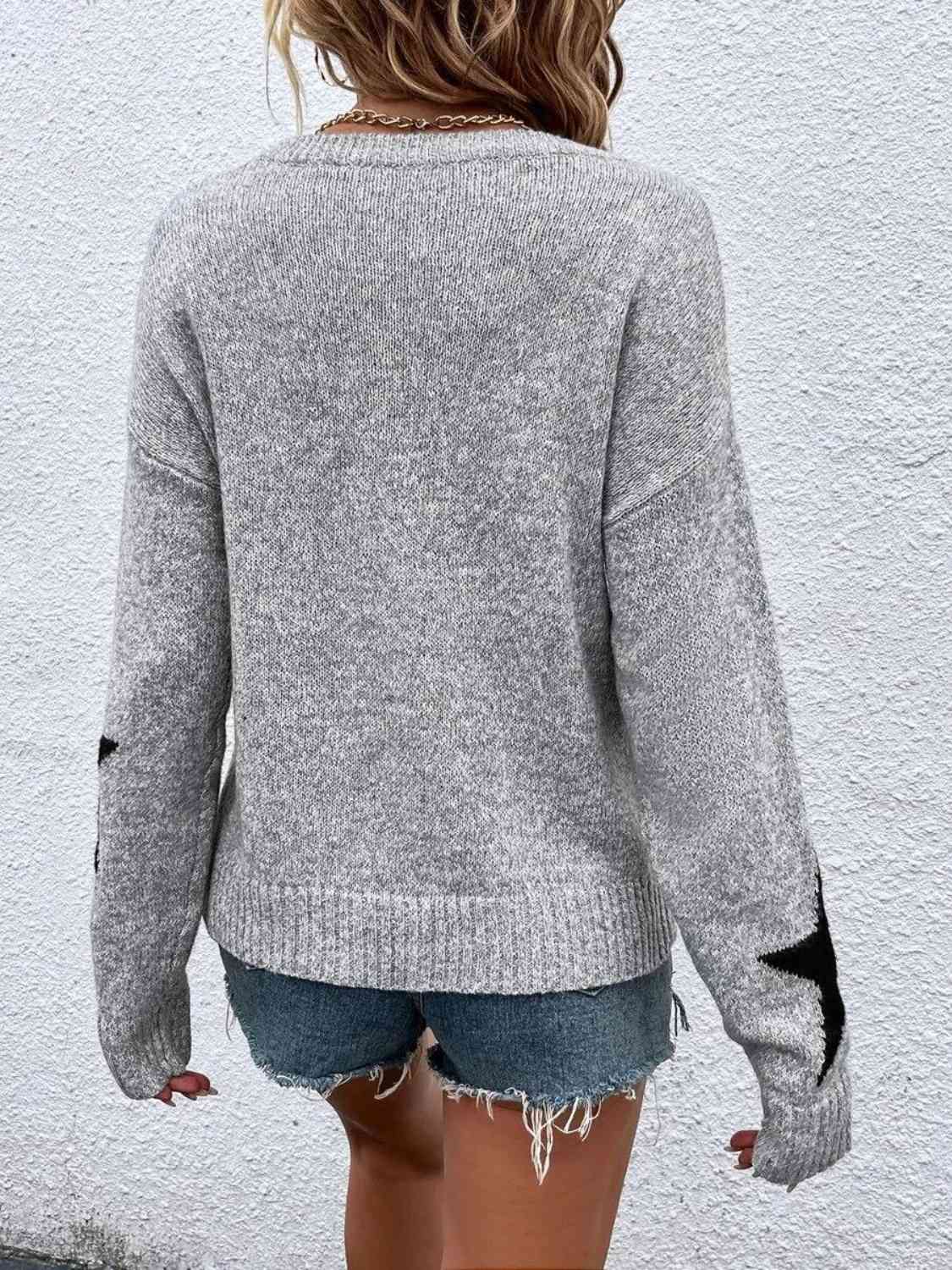 Star Round Neck Long Sleeve Sweater