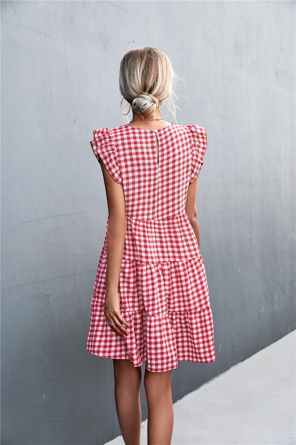 Gingham Ruffle Shoulder Tiered Dress