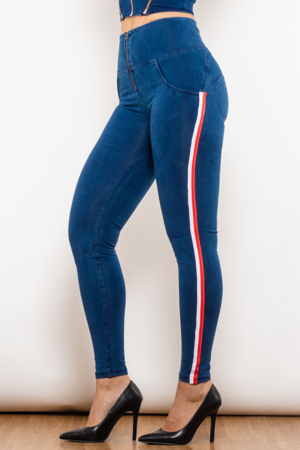 Side Stripe Zip Closure Skinny Jeans