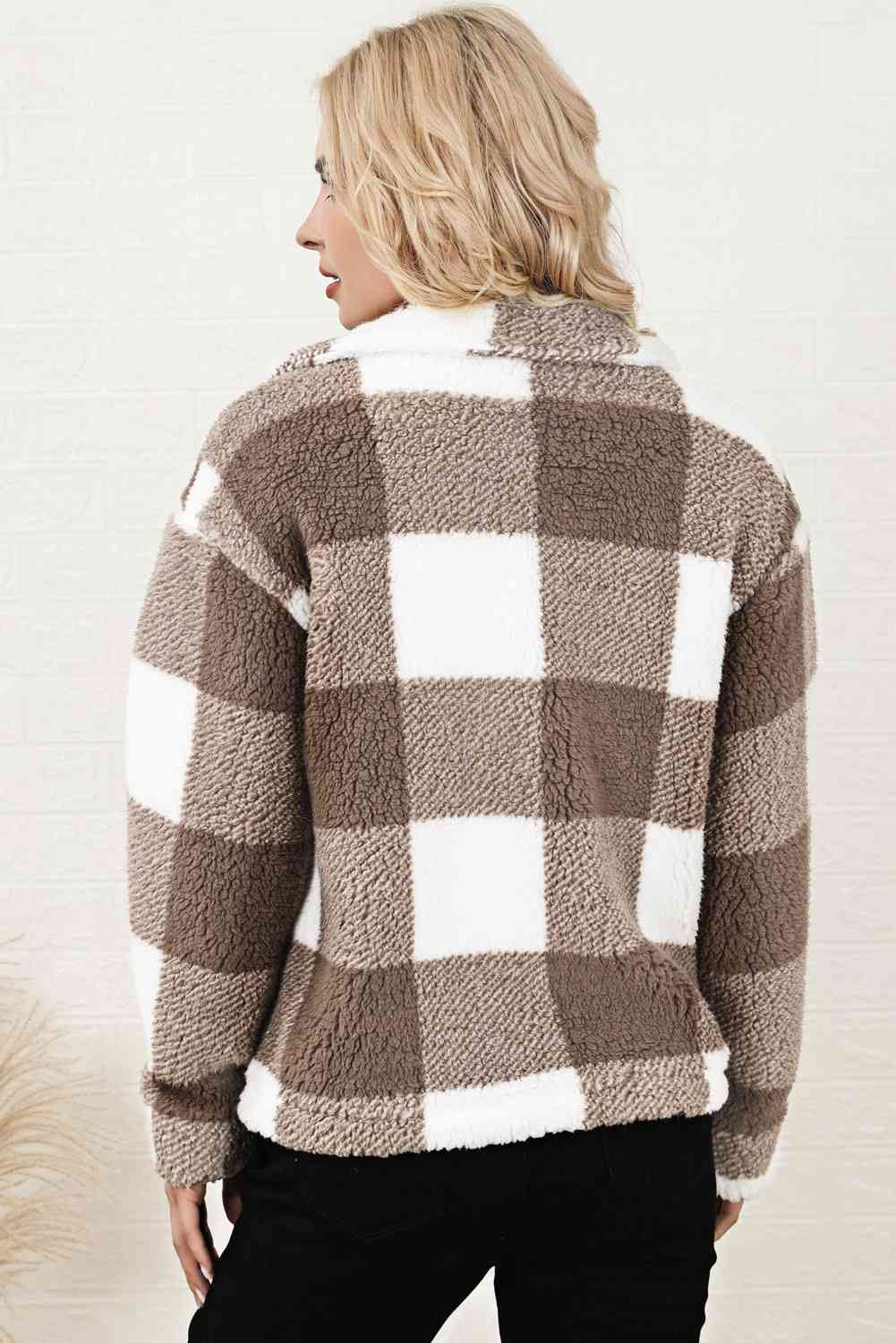 Plaid Collared Neck Drop Shoulder Jacket