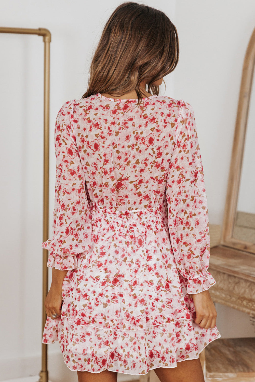 Floral Deep V Flounce Sleeve Mini Dress