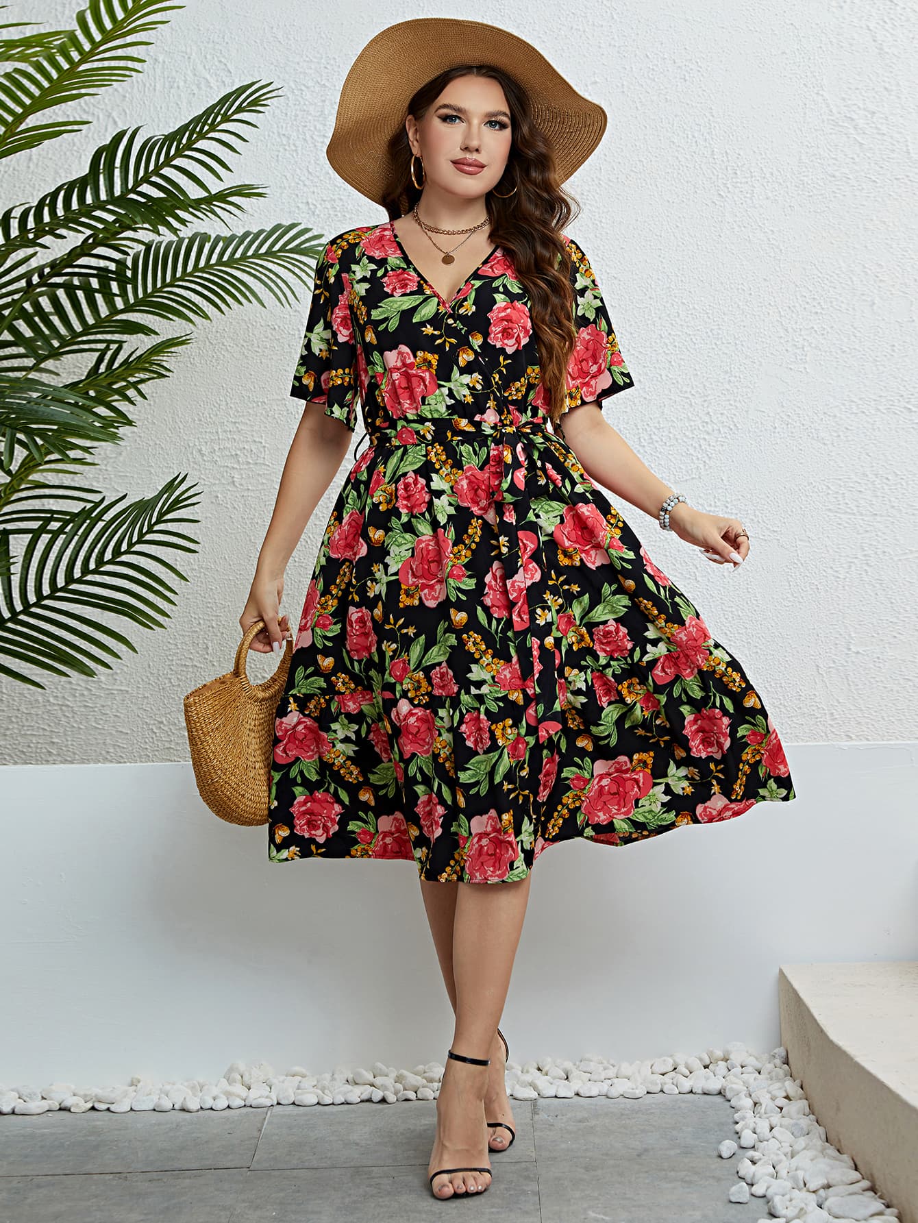 Plus Size Floral Tie Belt Surplice Dress