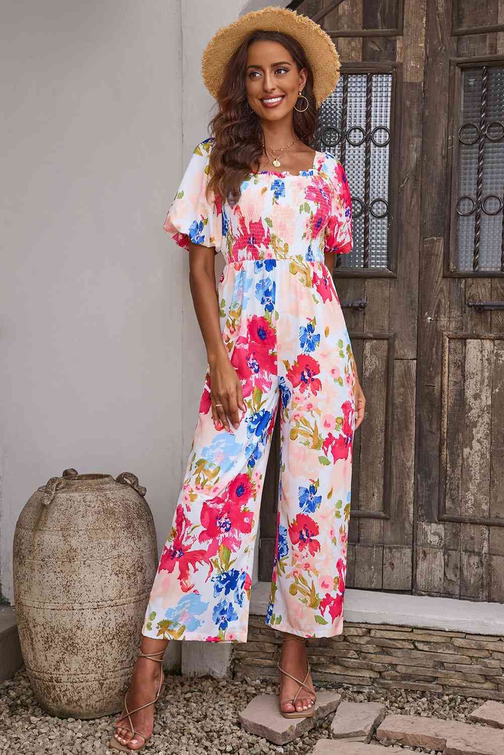 Floral Smocked Square Neck Jumpsuit