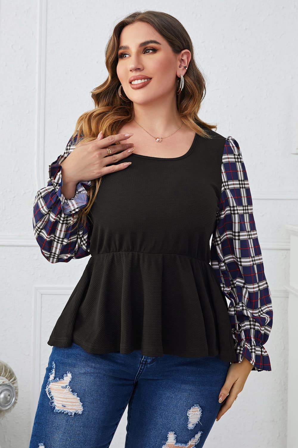 Plus Size Plaid Print Square Neck Ruched Blouse