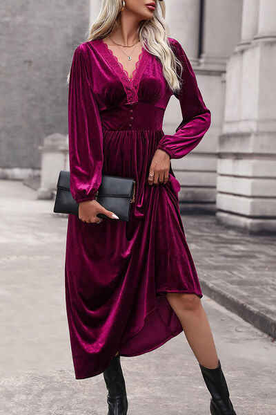 Lace Detail V-Neck Balloon Sleeve Midi Dress