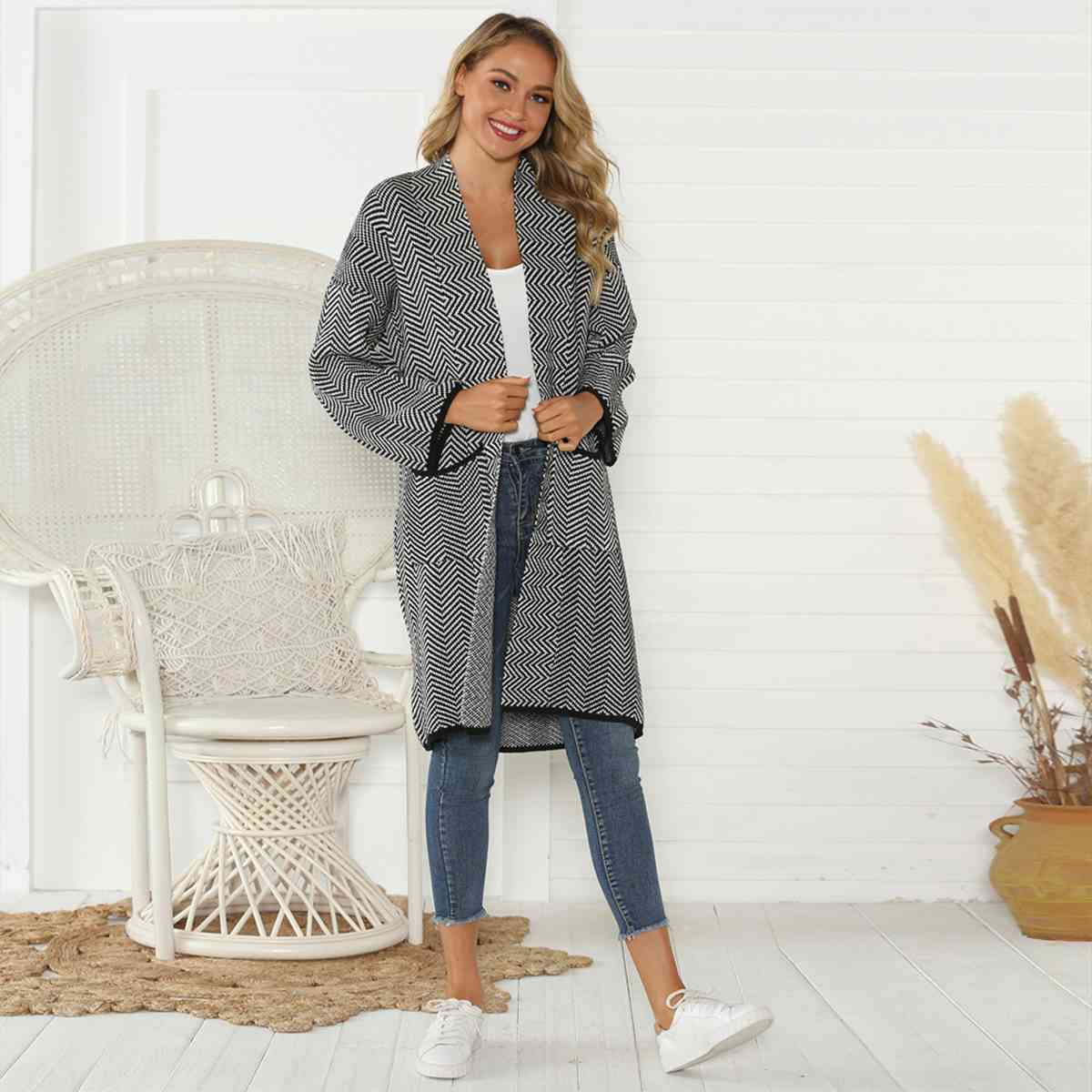 Geometric Open Front Cardigan with Pockets