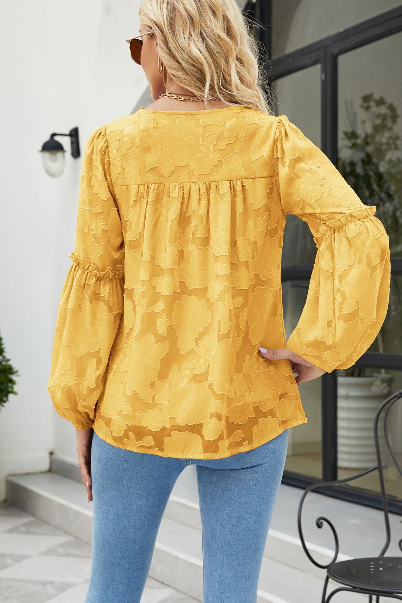 Applique Frill Trim Gathered Detail Blouse