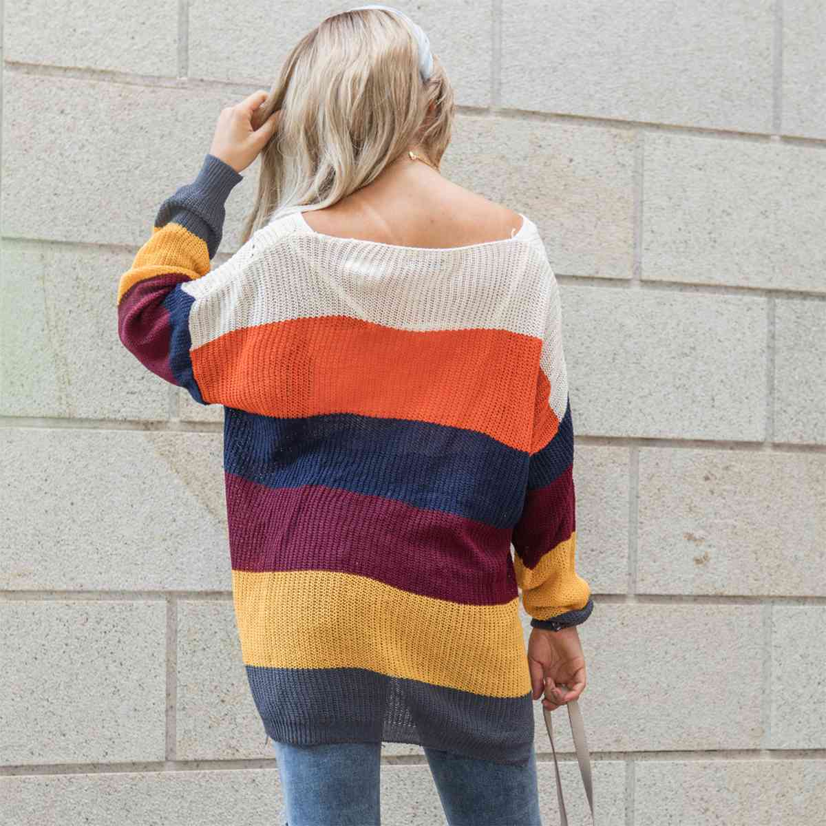 Color Block Openwork Long Sleeve Sweater