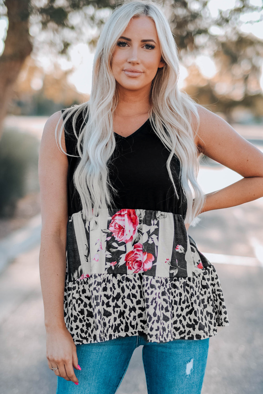 Leopard Floral Color Block V-Neck Tank Top